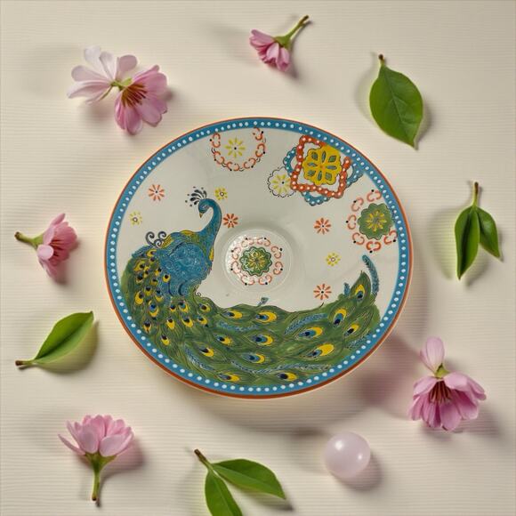 Hand Painted Ceramic Footed 10" Bowl with Peacock Design Raised Decorations - Picture 1 of 8